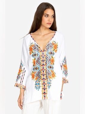 Johnny Was Sentrie Embroidered Linen Tie Neck Peasant Tunic Blouse Size Large